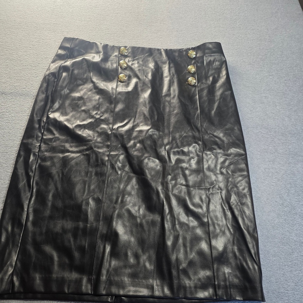 Carole Wren Faux Leather Pencil Skirt Womens XL Black Gold Button Military Moto